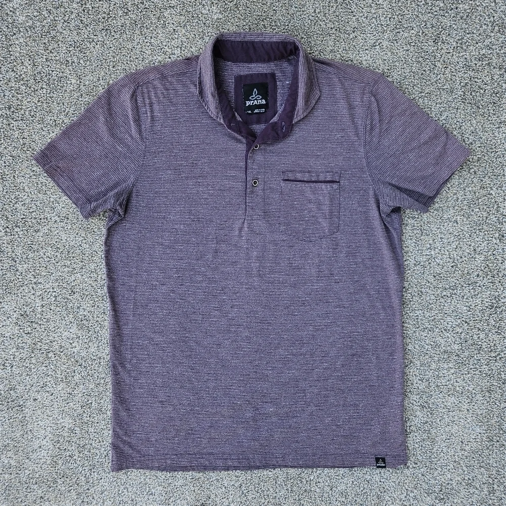 Prana Cardiff Polo Shirt Striped Purple Super Soft Stretchy Mens Size Small